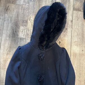 Rothschild Navy Blue Hooded Coat with Faux Fur Trim
